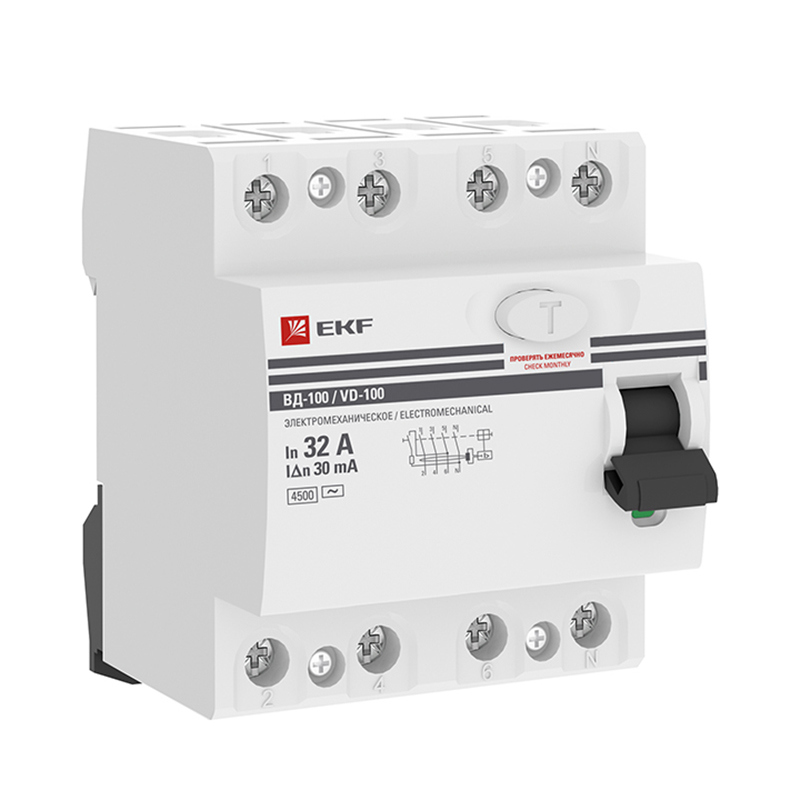 УЗО EKF ВД-100 4P 32 А 30 мА 4.5 кА АС elcb-4-32-30-em-pro